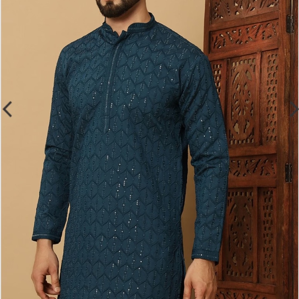 Men's Teal Blue Embroidered Kurta